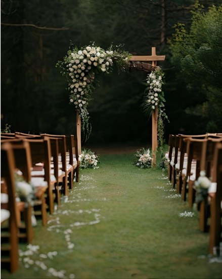 Outdoor woodland ceremony aisle with a floral arch